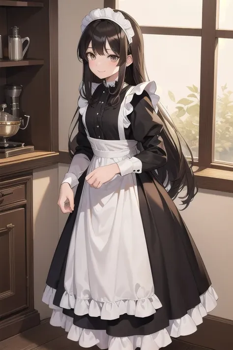 masterpiece、 best quality、beautiful、Fine Lines、 girl、 brown hair、 long hair、 Brown Eyes 、smile、Pale lips、black maid clothes、 Long Skirt、white maid apron、Frills、 apron in a well-balanced manner、 black pantyhose 、living、Maid standing、Neat model stand 、