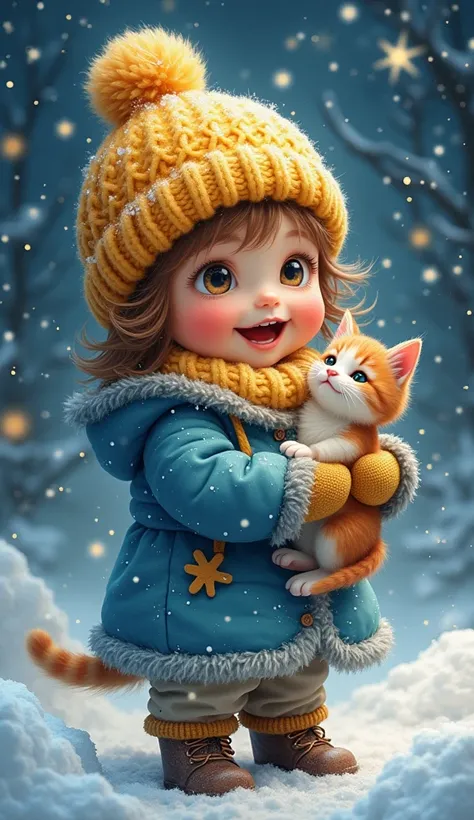 baby girl nyashka, knitted yellow hat with a pompom, blue fluffy fur coat, mittens holding a kitten, laughing, looking up at the snow, night, sparkling snowflakes. fantasy art, hyperdetalization,magical, fabulous, glitter, realistic , illustration, high re...