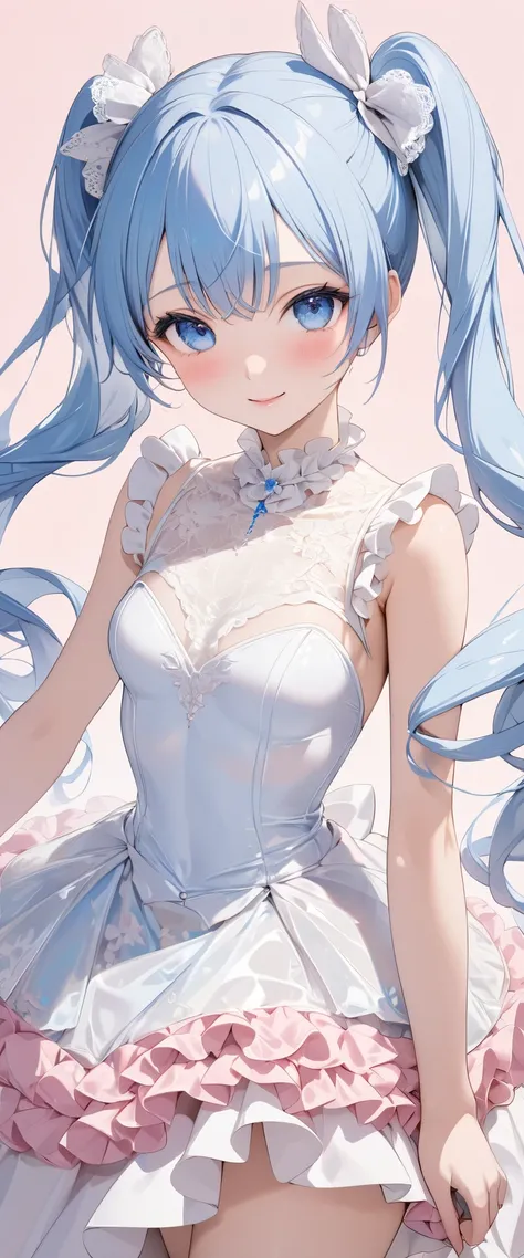 （(light blue、 twin tails:1.9))、((masterpiece, best quality, ultra high resolution))、(( woman )))、（Anime face、delicate、 dynamic、Healthy Body）、（Height: 160cm）、(( anatomically correct body ))、（ small breasts :0.1）、（Focus on the face、 full body view）、（Blue Eye...