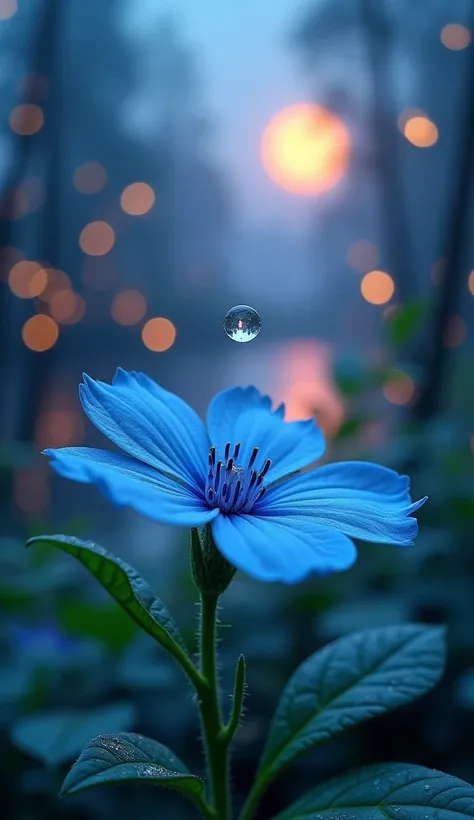 Create ultra-realistic macro photos of a single drop of water floating on top of a vibrant water droplet。, Light blue flower. The droplets act like lenses, Zoom in on the intricate details of a flower&#39;s texture, Contains small veins and fine structures...