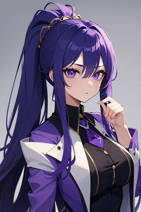 Blue-purple hair, Ridiculously long hair, Hair between the eyes, High Ponytail, purple eyespurple suit, Anime Color,