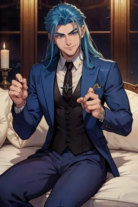 Perfect face. Perfect hands. A muscular blue haired man with silver eyes and long hair in a Gothic suit is smiling while sitting in a Gothic ballroom