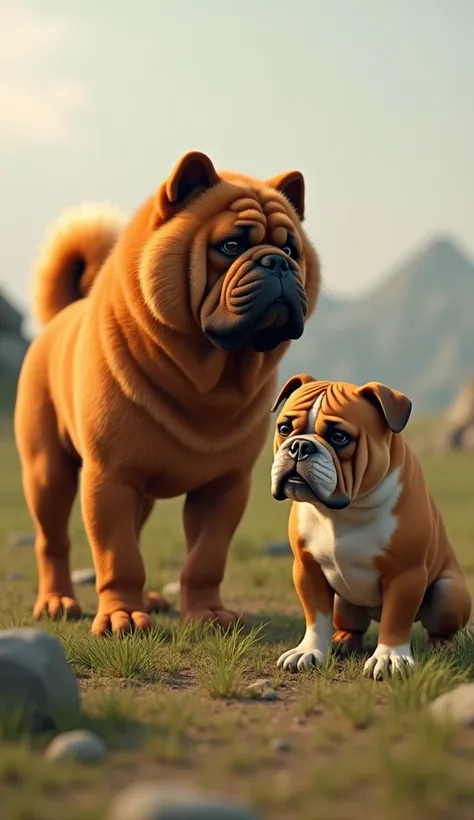  A scene ultra-realistic showing a Chow-chow and a bulldog side by side ,  when faced with intense expressions . O Chow-chow,  with its thick and rich golden-orange coat ,  it has a proud and imposing posture .  Its face is wide and rounded ,  with a chara...