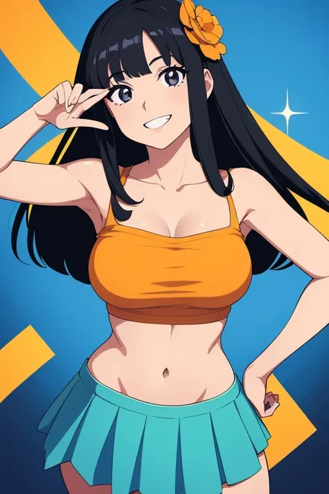 1girl, Solo, High Resolution, High Details, High Quality, Best Quality, Masterpiece, High Resolution, Black Hair, long hair, Parted Bangs, orange tube top, midriff, navle, blue skirt, peace sing, collarbone, smile,Breasts, Smile, Teeth, Hair Ornament, Spar...