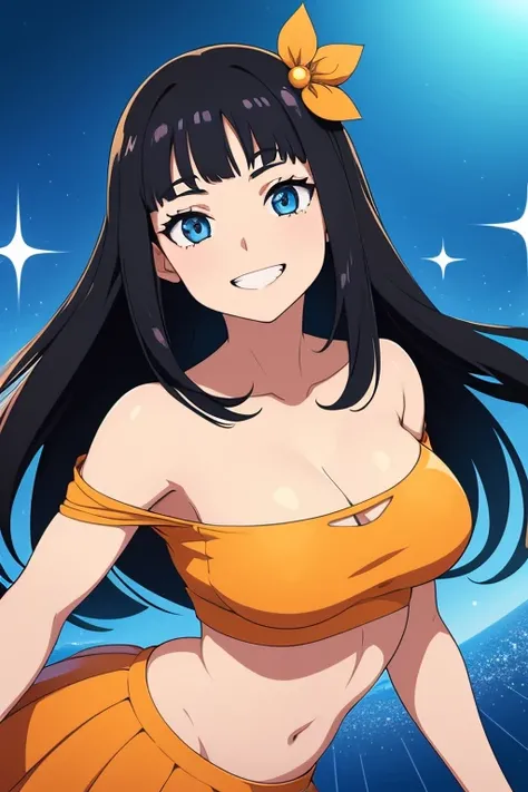 1girl, Solo, High Resolution, High Details, High Quality, Best Quality, Masterpiece, High Resolution, Black Hair, long hair, Parted Bangs, orange tube top, midriff, navle, blue skirt, peace sing, collarbone, smile,Breasts, Smile, Teeth, Hair Ornament, Spar...