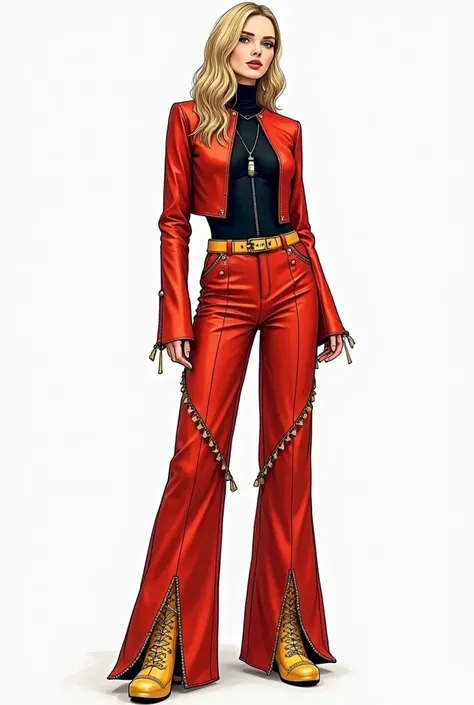 generate a fashionable figure with a technical sketch style that has a front and back that wears pants wide from the waist with parts of gold colors and on the boots of the pants it has fringes that goes with a round neck black bodysuit that has details of...