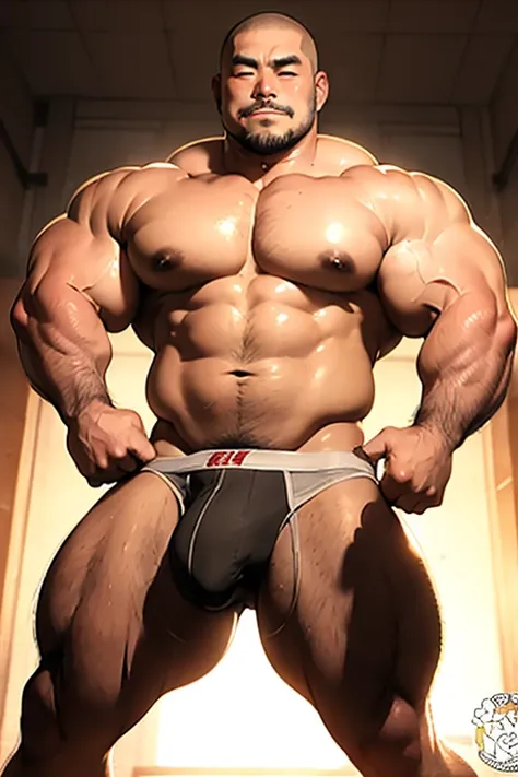 Japanese middle-age male, skinhead, shaved head, short goatee, bulky, muscler man, thick body, wearing thong