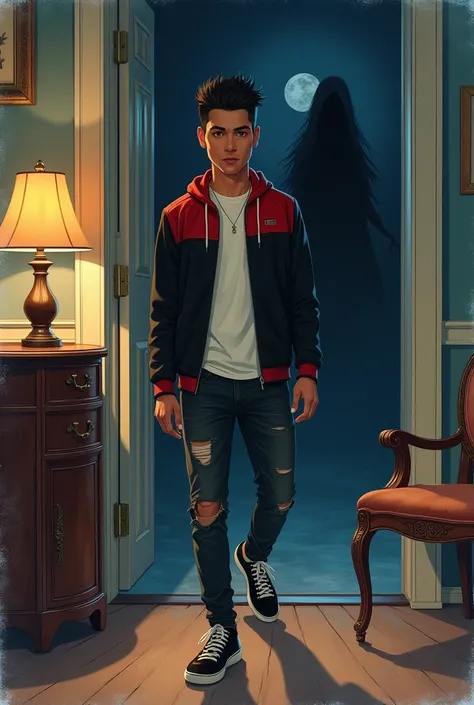 Water color style illustration of a young man, short black hair and tan skin, wearing a black and red jacket, ripped black jeans and black sneakers. The man is entering a room, he walks cautiously, he is very nervous, he is almost scared. The room is dark ...