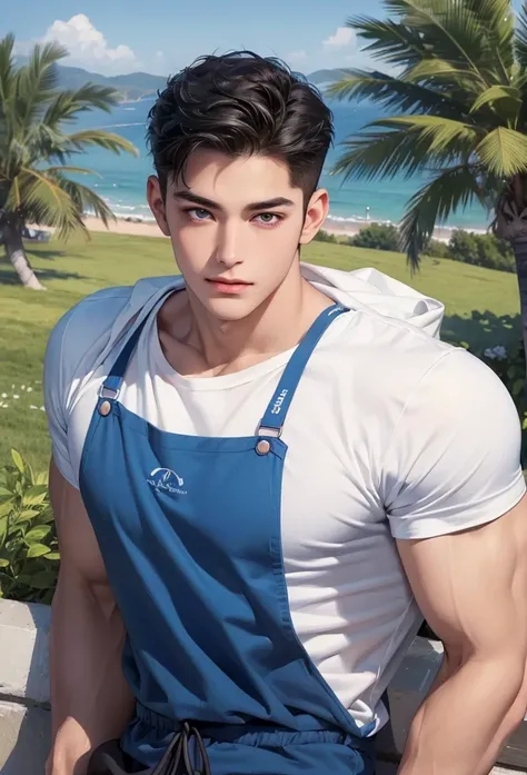 (high quality,high resolution,high detail,masterpiece:1.2), Delicate eyes and delicate face, 1 boy, 20 years old, handsome face, pure and cute face, Detailed face, (white T-shirt, Blue apron), cute, Male focus, muscular, muscular male, Chest muscles, black...