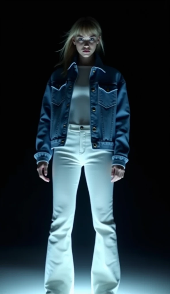 arafed woman in white pants and a blue jacket standing in front of a black background, ( ( ( wearing jeans ) ) ), music video, still from a music video, looks like a mix of grimes, resembling a mix of grimes, looks a blend of grimes, full body wide shot, f...