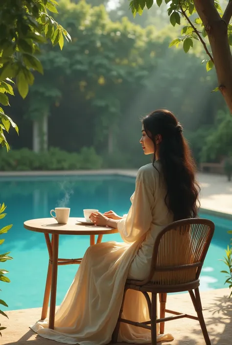 A  beautiful women, wearing light colour sari in a gentle way, long hair, sitting on a pool side on a table, with cofee on her hand, showing her back,  missing her boyfriend