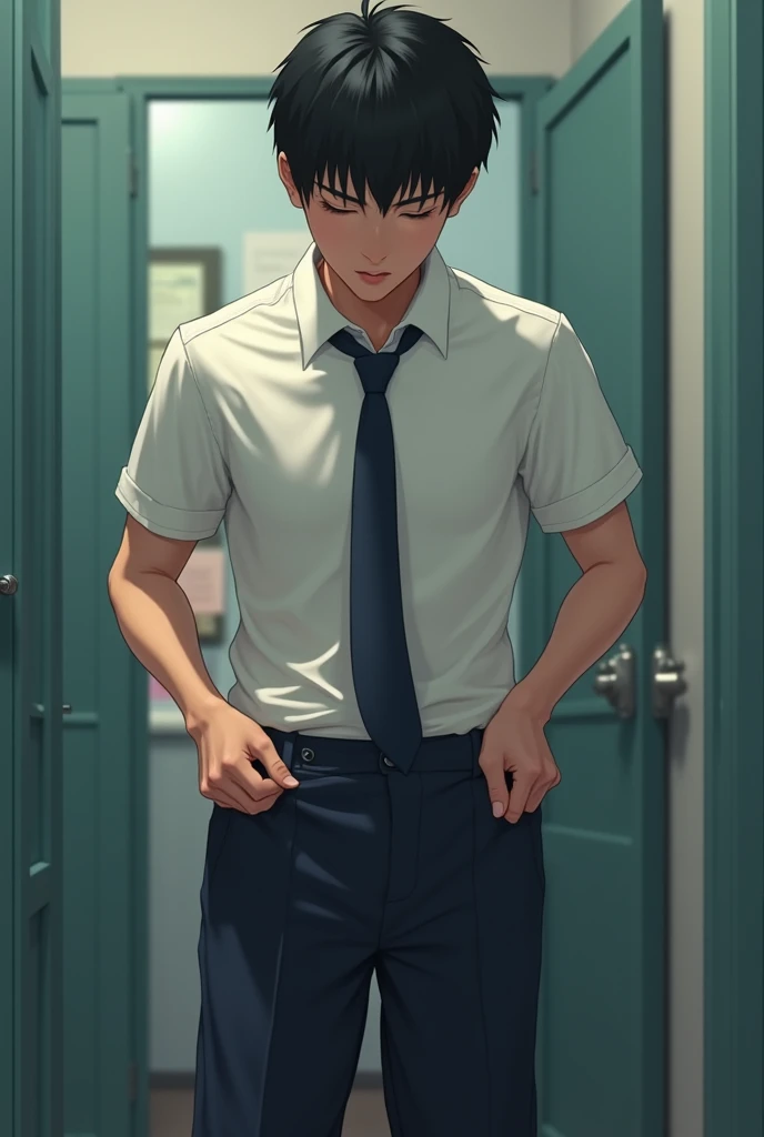 Korean male high school student taking off his pants