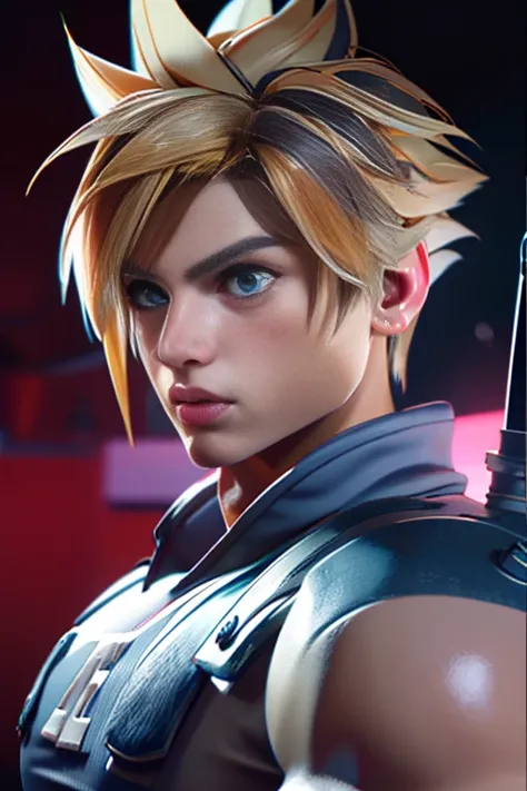 (High-definition CG), (   best quality ), (High-definition CG), (   best quality ), (Cloud Strife), (Overall view)  cool and handsome face    ,SWAT Clothing,  Beauty, 18 years old,    Toned and Muscular  ,  with a cool and handsome face ,   sharp eye