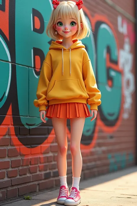 a young blonde woman, about 20 years old, with big expressive green eyes, short straight silky hair, pale skin, soft facial features, rosy lips, rosy cheeks, friendly look. she is wearing a yellow hooded sweatshirt, a short orange pleated skirt, white sock...