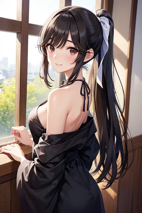 Takane Manaka、  shiny brown long hair、 ribbon ponytail、 beautiful brown eyes 、smile、Sparkling Eyes, (fine grain)、 Highly Detailed Eyes、 very detailed face,  Highly Detailed Eyes, masterpiece,  best quality,  high definition , ( best quality,masterpiece:1.2...