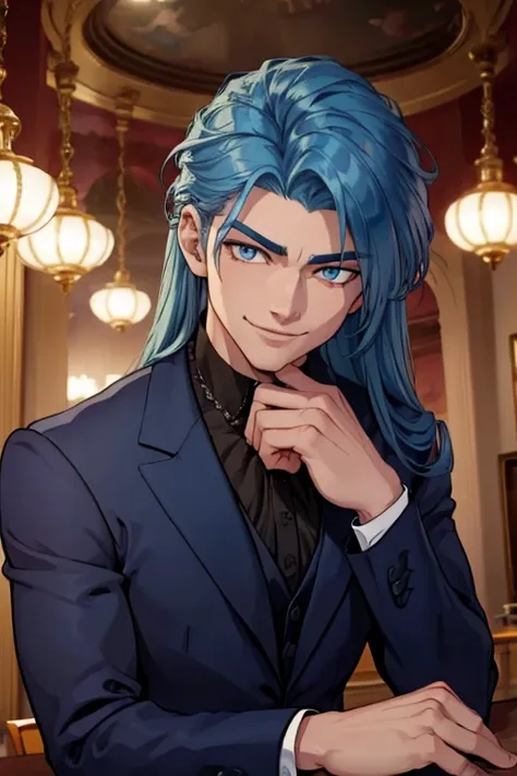 Perfect face. Perfect hands. A muscular blue haired man with silver eyes and long hair in a Gothic suit is smiling while leaning forward in a Gothic ballroom