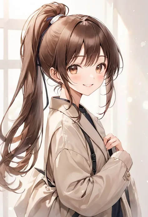 A 20 year old woman、Ponytail with brown hair、 gentle smile 、cute、