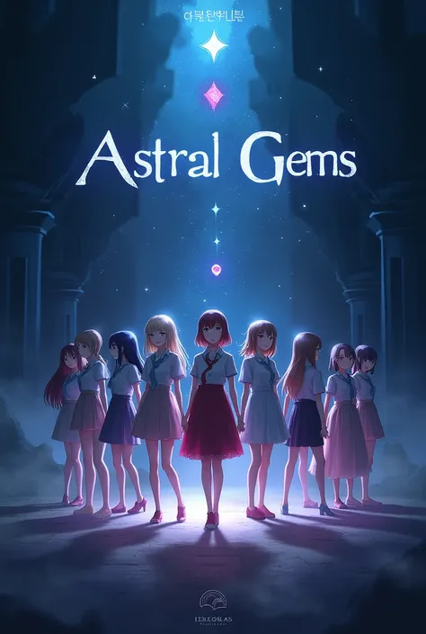 An image of 12 girls standing in the dark. With astral gems written boldly on the background