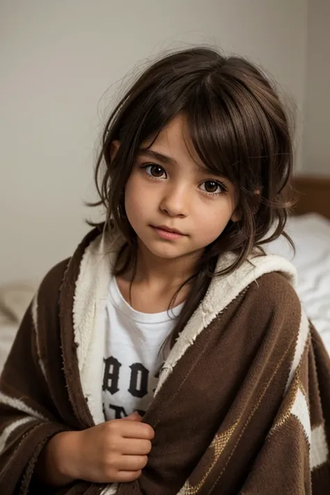 a tomboy girl with dark brown short shaggy disheveled hair, brown eyes, innocent and cute, extremely small bust size, small, lying in blankets, ultra realistic, hyper detailed, anatomically correct