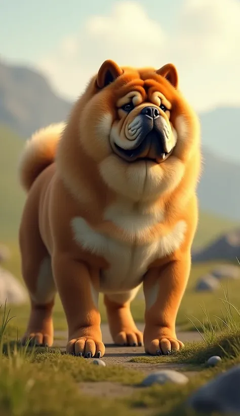  An ultra-realistic hybrid creature that combines the characteristics of the Chow-chow and the bulldog ,  creating a unique animal that mixes the imposing strength of the Chow-chow with the compact robustness of the bulldog.  The creatures body has the sol...