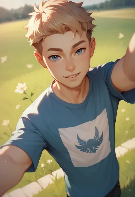 Young man with t-shirt selfie on grass field with beautiful view 