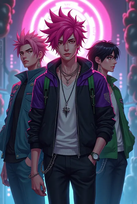 a 3 man hadsome character with spiky pink hair,black and purple jacket,a male character with green jacket,black and white outfit,highly detailed,intricate,dynamic pose,dramatic lighting,vibrant colors,cinematic composition,fantasy,digital art cyber punk.