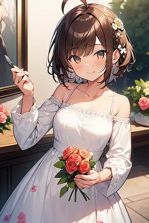 1girl, Solo, Short Hair, Brown Hair, High Resolution, Masterpiece, HD, High Details, UHD, Quin Tails, Ahoge, Shiny Hair, white dress, long sleeves, collarbone, flower, floral print, rose print, smile,