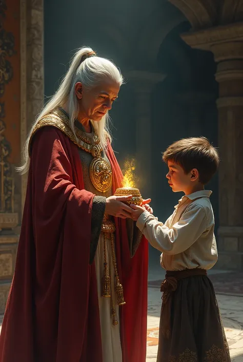 A priestess handing a valuable object to a boy