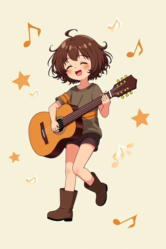  Create an image of a girl with short curly hair , with little lines in the front , the hair color is brown , with a brownish gray blouse ,and orange stripes  , dark brown shorts and booties , she is floating in the air happily playing the guitar with her ...