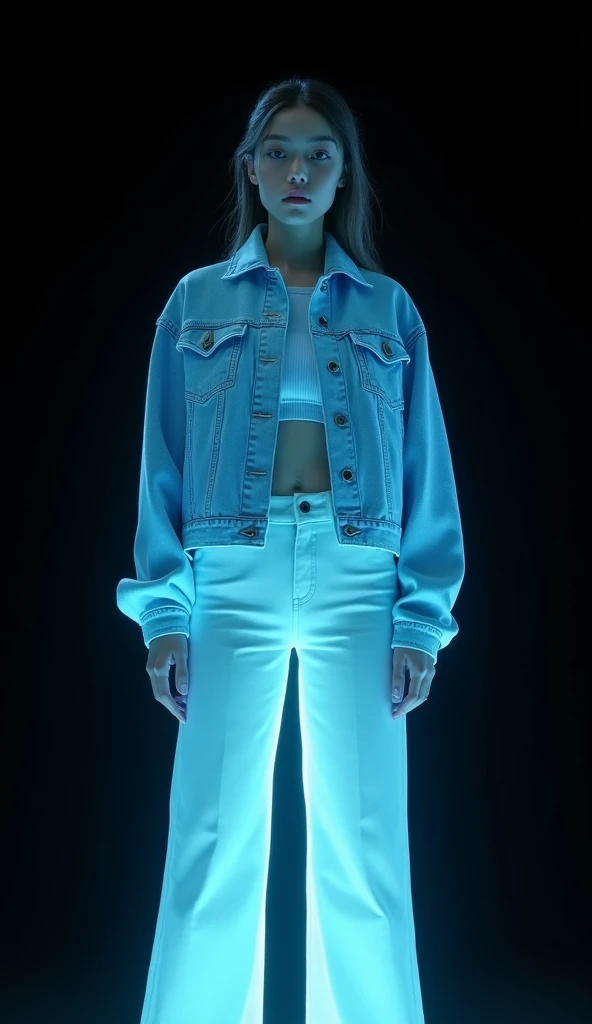 arafed woman in white pants and a blue jacket standing in front of a black background, a hologram inspired by Jean Hey, tumblr, holography, ( ( ( wearing jeans ) ) ), music video, still from a music video, looks like a mix of grimes, resembling a mix of gr...