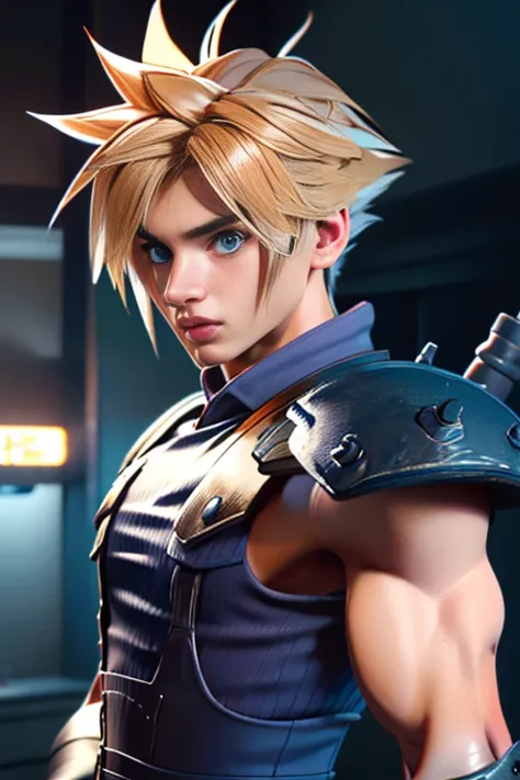 (High-definition CG), (   best quality ), (High-definition CG), (   best quality ), (Cloud Strife), (Overall view)  cool and handsome face    ,SWAT Clothing,  Beauty, 18 years old,    Toned and Muscular  ,  with a cool and handsome face ,   sharp eye