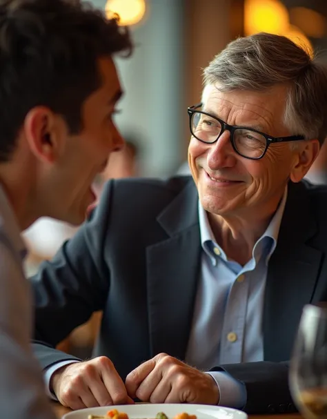 Close-up of Bill Gates looking curious, asking a question to the surprised waiter who stands beside the table. The waiter still has a surprised look, while Bill Gates has a friendly, slightly amused expression."