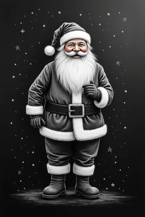 Pere noel en noir et blanc dessiné simplement a la craie sur fond noir