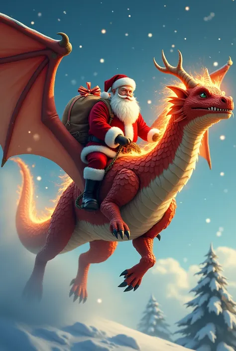 Santa Claus flying through a snowy sky on a massive, fire-breathing dragon, carrying a sack of presents.