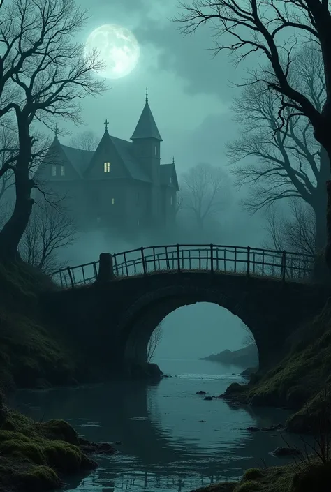 A dark and eerie village at night, with a fog-covered, ancient bridge. The bridge is cracked and overgrown with moss, and a sense of abandonment fills the air. The surrounding trees are twisted, and the sky is overcast, creating a spooky atmosphere.