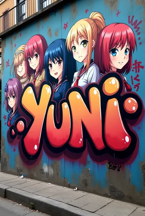 (( best quality ),  graffiti with the name YUNI, And with anime characters,such as "By Adi Filth"