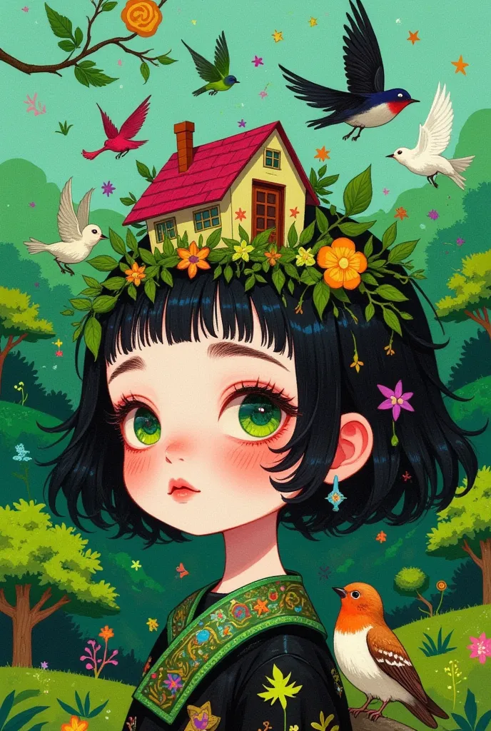 a pretty girl with green eyes ， with an elegant headband ， the hair adorns the elements of nature and the house ，with a house on...