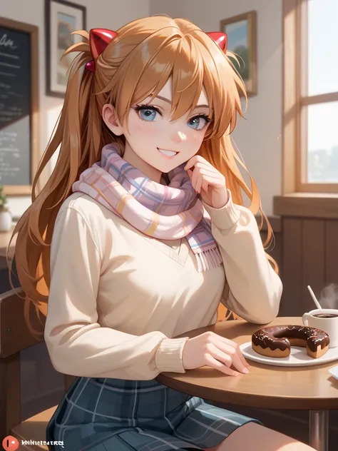 A cozy Mister Donut café scene featuring a cute anime-style girl in casual attire enjoying a donut. She is sitting at a small round table, wearing a pastel yellow sweater and a plaid skirt, with a lightweight scarf loosely wrapped around her neck. Her shor...