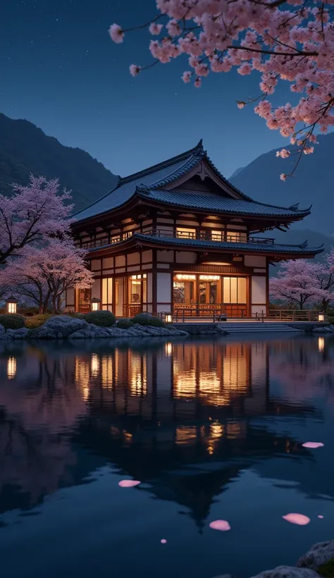 can you do a beautiful and big home in the style of japanese, at night, shining, aboard a lac