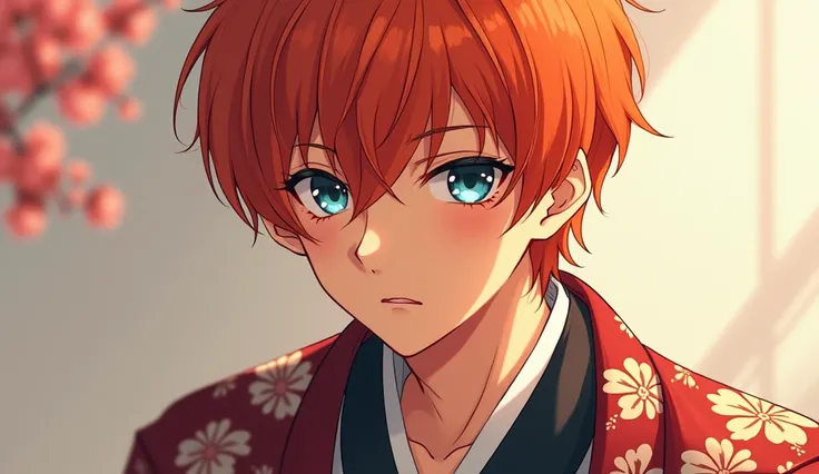 cartoon, Boys, 20 years old,  Good figure , nice, Handsome, 2k image ,  orange hair, Wearing a Kimono, sad