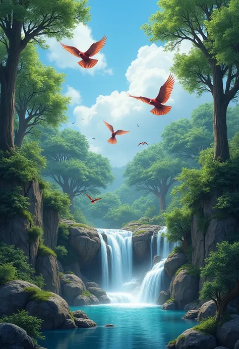 Beautiful nature birds tress waterfall and something high quality