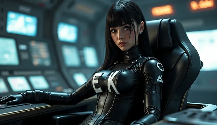  Best Quality ,  masterpiece ,  ultra high resolution , ( photorealistic :1.4),  RAW photo, 1 girl, cabello oscuro,  dramatic lighting ,  full body , bitch, Gantz style body ,  big breasts,  On my way to shopping,  Sitting on the captain &#39;chair in the ...