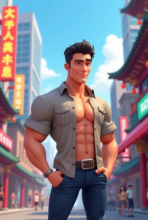 Handsome man, 6 pack, shirt, Korea, 3d chibi animation style