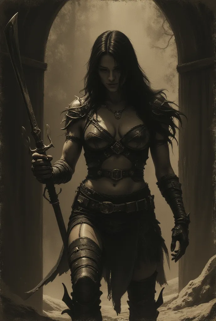 xena warrior princess is a barbarian. night room, dark room, completely darkened room, sepia, grainy, eerie environment. strange...