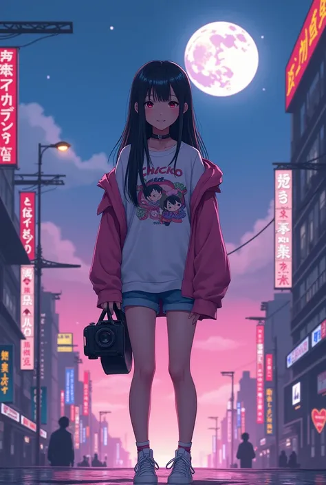 Aimi Yoshikawa. smiling Stand in the middle of cyberpunk city with beautiful moonscape.wearing a white oversize t-shirt with Chiko design  . slightly filled body .fair skin.high resolution full HD . wearing sexy shorts . wearing white converse shoes . long...