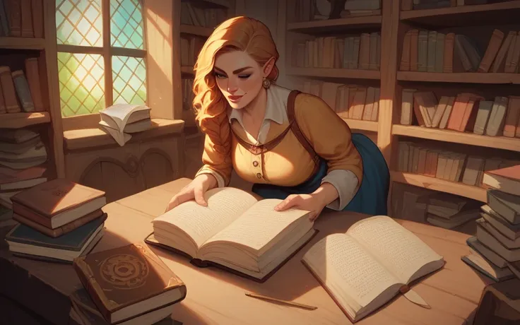 
fairy reading a large ancient book, open on a shelf, in the center of a large medieval library.
 The book is big, the size of the one that Hermione opens to research the philosophers stone. it is open on a music stand


