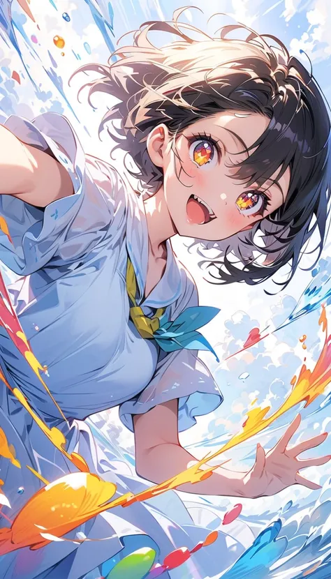 (masterpiece,  best quality ,  Official Art:1.2), ( colorful ), perfect anatomy, Looking at the Audience ,  one girl who is at ease, Alone, White background, floating  colorful  water,  Ultra Fine Illustrations  , highly  Details,  dynamic angle , beautifu...