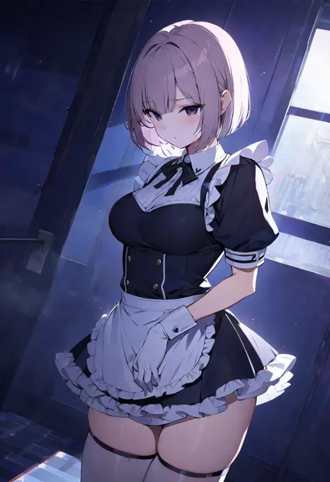 thighs,breast,maid,mini skirt,short straight hair,dark room