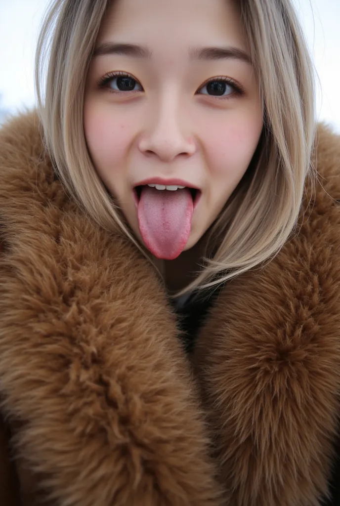 is wearing a fluffy fur coat、fair-skinned、chinese girls。blonde、winter、 brown fur、 voluminous fur 。(((sexy breasts、armpits)))3 pe...