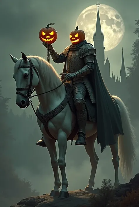 Cavalier decapitate with a pumpkin head in his hand, sitting on a ghost horse with a castle in the background
